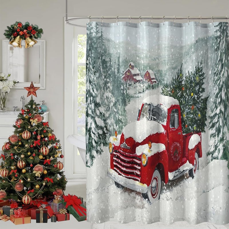 YOSTEV Red Truck Christmas Shower Curtains for Bathroom Decoration Christmas Tree Shower Curtain Winter Vintage Rustic Retro Farmhouse Bathroom Curtain Xmas Pine Fabric Cloth Bath Curtain 72x72 Inch - Image 1